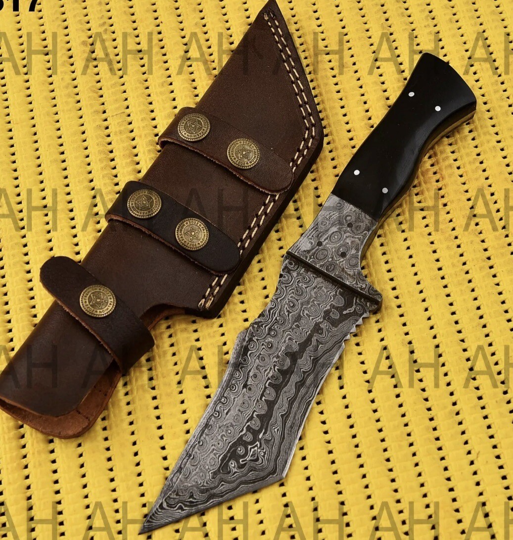 HANDMADE FORGED DAMASCUS STEEL FIXED TANTO BLADE TRACKER HUNTING KNIFE EDC