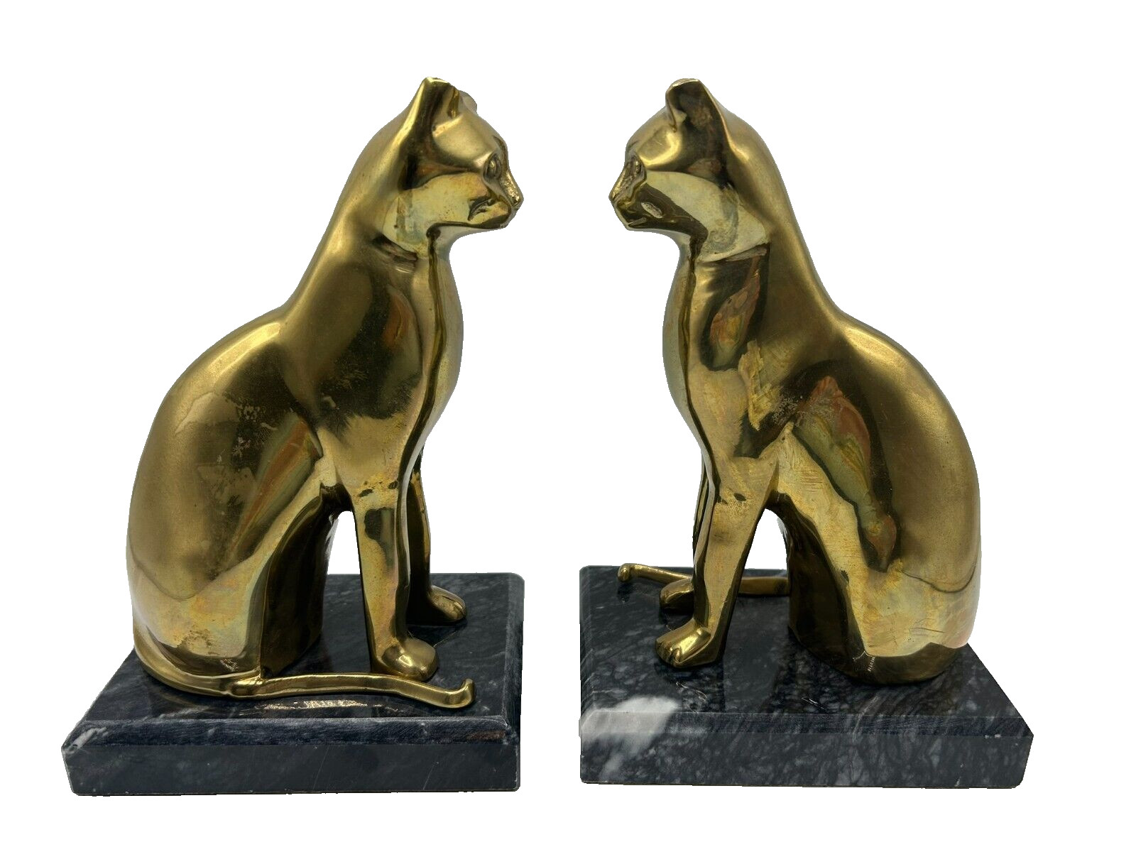 Decorative Crafts Inc Brass Cats Marble Base Bookend Set Art Deco Style 9″ Vtg