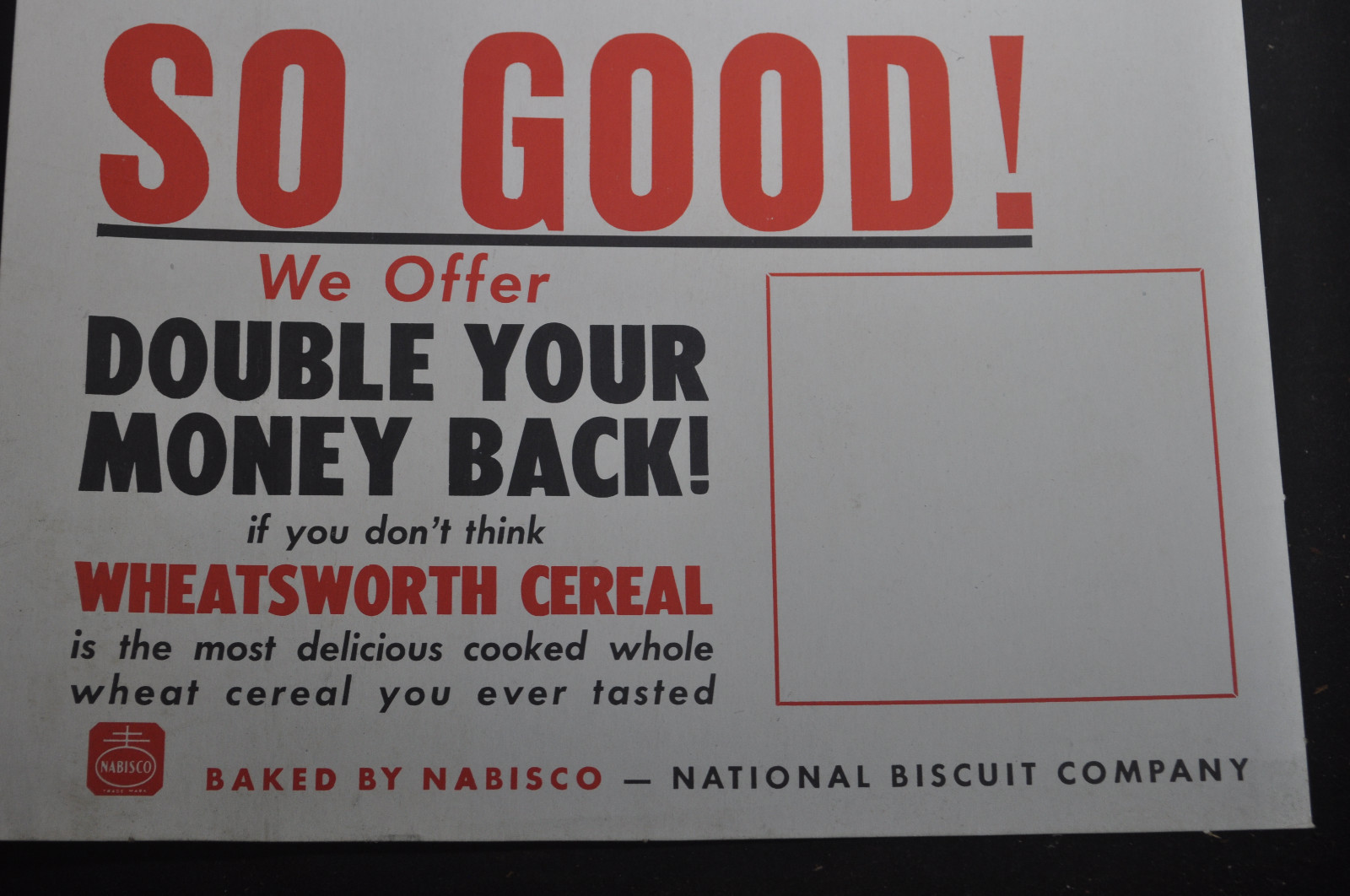 DOUBLE Your Money Back – Wheatsworth Cereal Display SIgn NABISCO