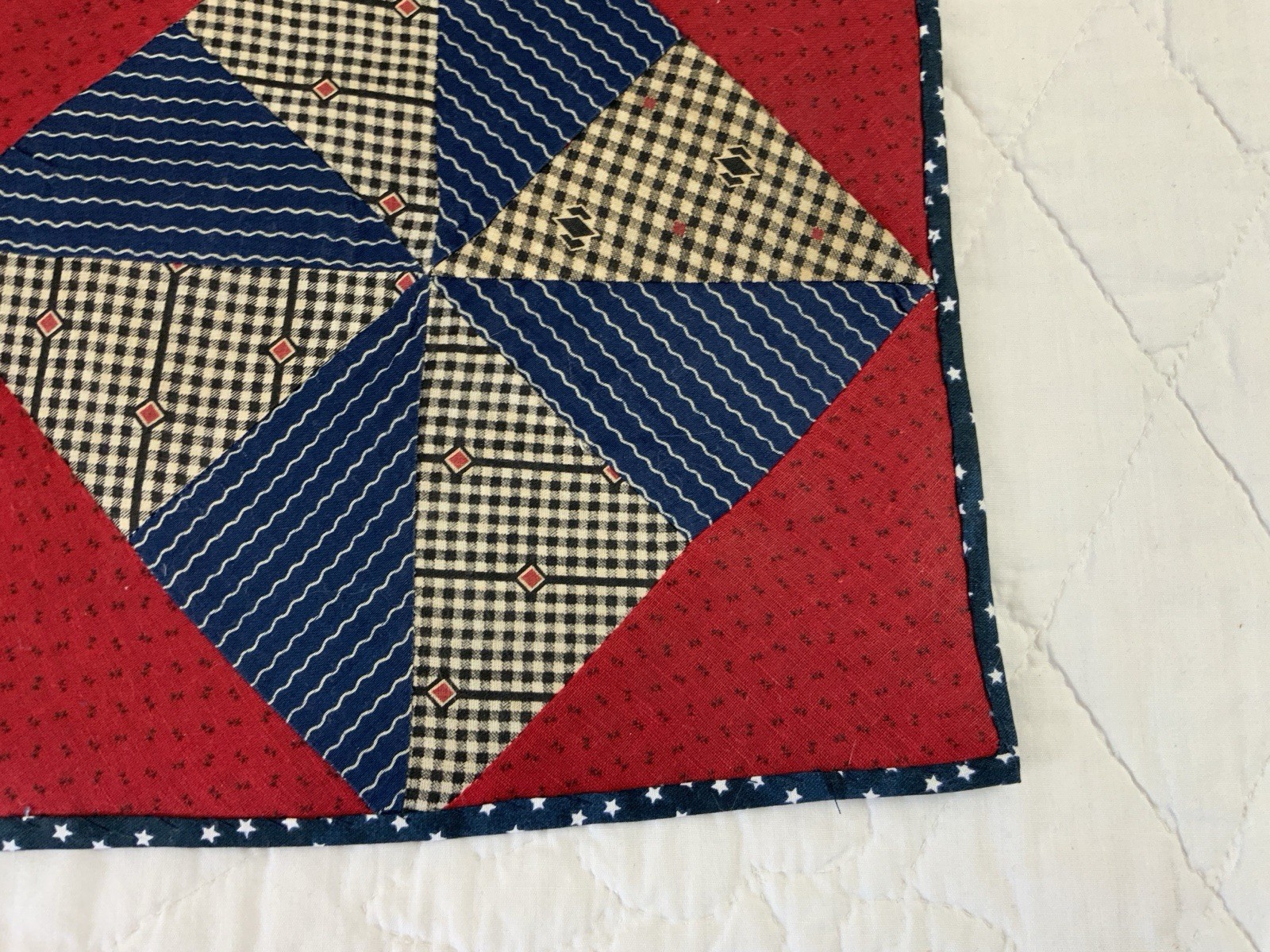 Antique Vintage Patchwork Quilt Table Topper, Pinwheel, Early Calicos, Red, Navy