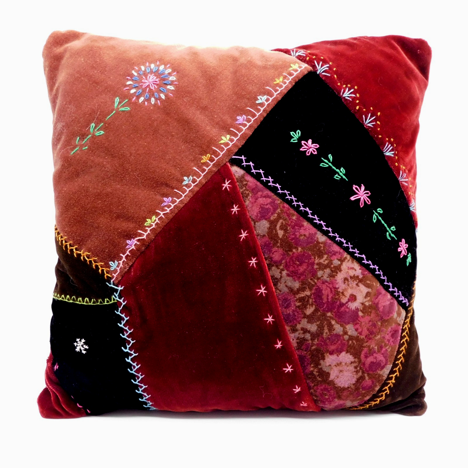 Velvet Patchwork Crazy Quilt Throw Pillow Handmade 12″ x 12″ x 3.75″