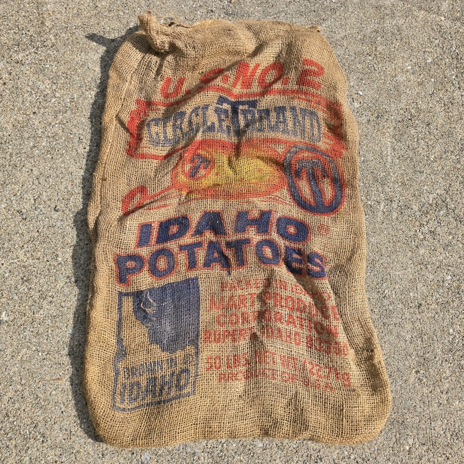 Vintage Idaho Golden Potatoes Burlap Sack Colorful Farm Advertising Jute Bag