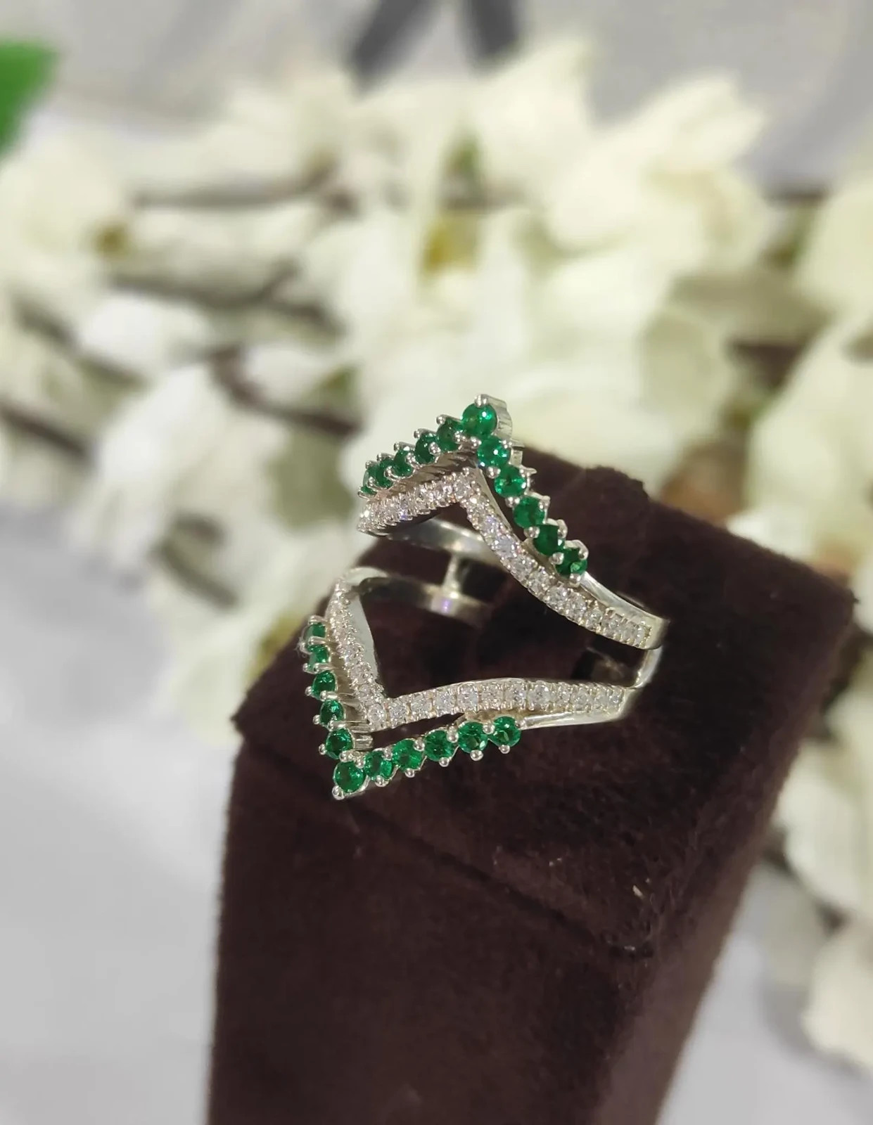 Emerald & Diamond Ring Enhancer 14K White Gold Over Double Band Wedding W Jacket