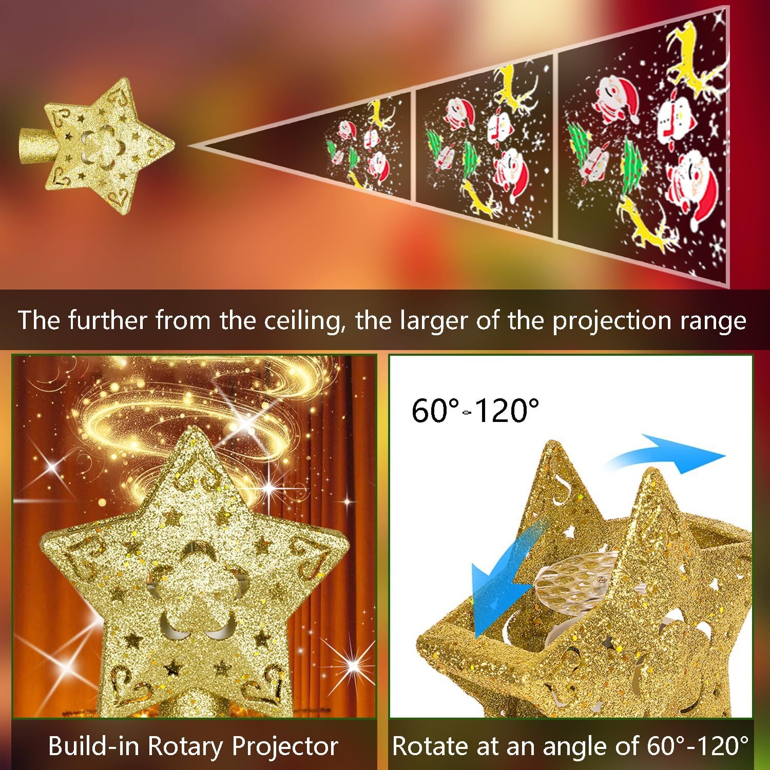 Christmas Tree Topper Lighted with 5 Projected Star Projector LED Rotating Light