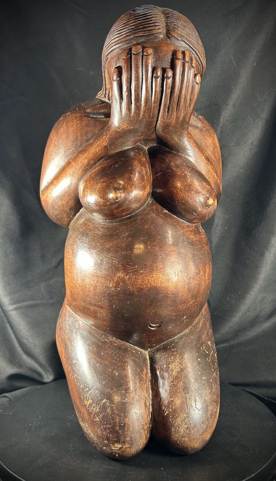 Vintage Hand Carved (Maybe Balinese) Wood Weeping Woman Sculpture 15.5” Tall