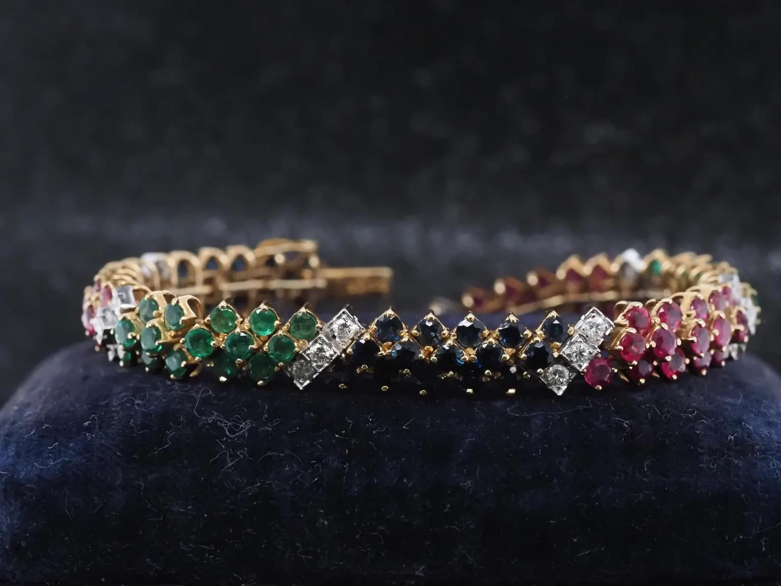 Estate Ruby,Emerald,Sapphire & Diamond 18K Yellow Gold Over Tennis Bracelet 7″