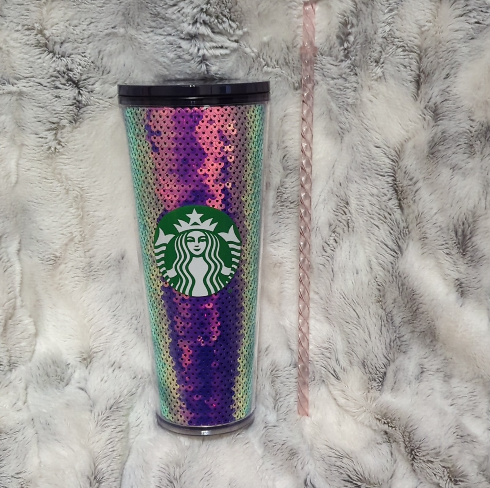 Starbucks Multicolor Sequin Plastic Tumbler with Drink Through Lid and Straw