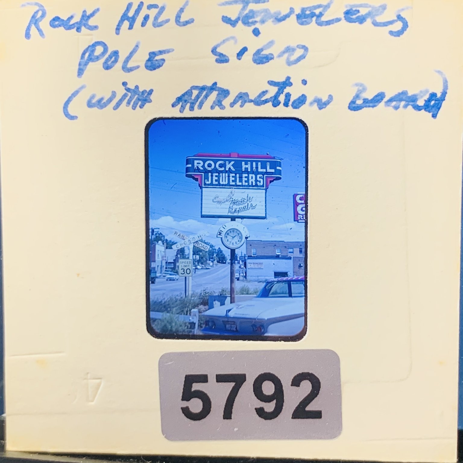 Vintage 1960s Rock Hill Jewelers Pole Sign Street Scene 35mm Color Slide Car