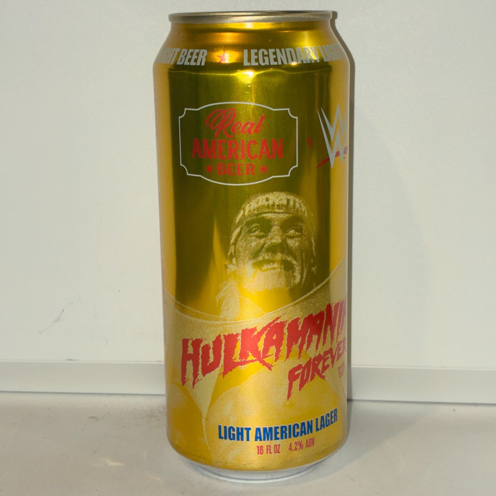 Hulkamania Forever by Real American Beer, Hulk Hogan beer can, bottom opened