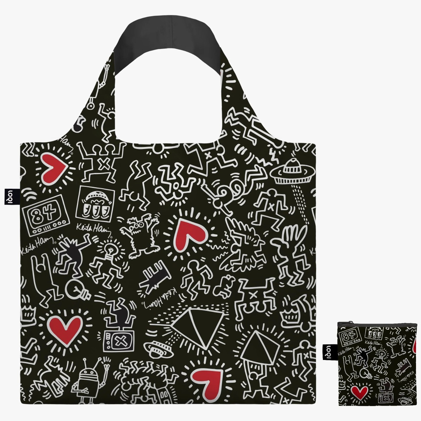 ✤ New LOQI Tote Bag BLACK PATTERN Museum Art Painting KEITH HARING Red Hearts