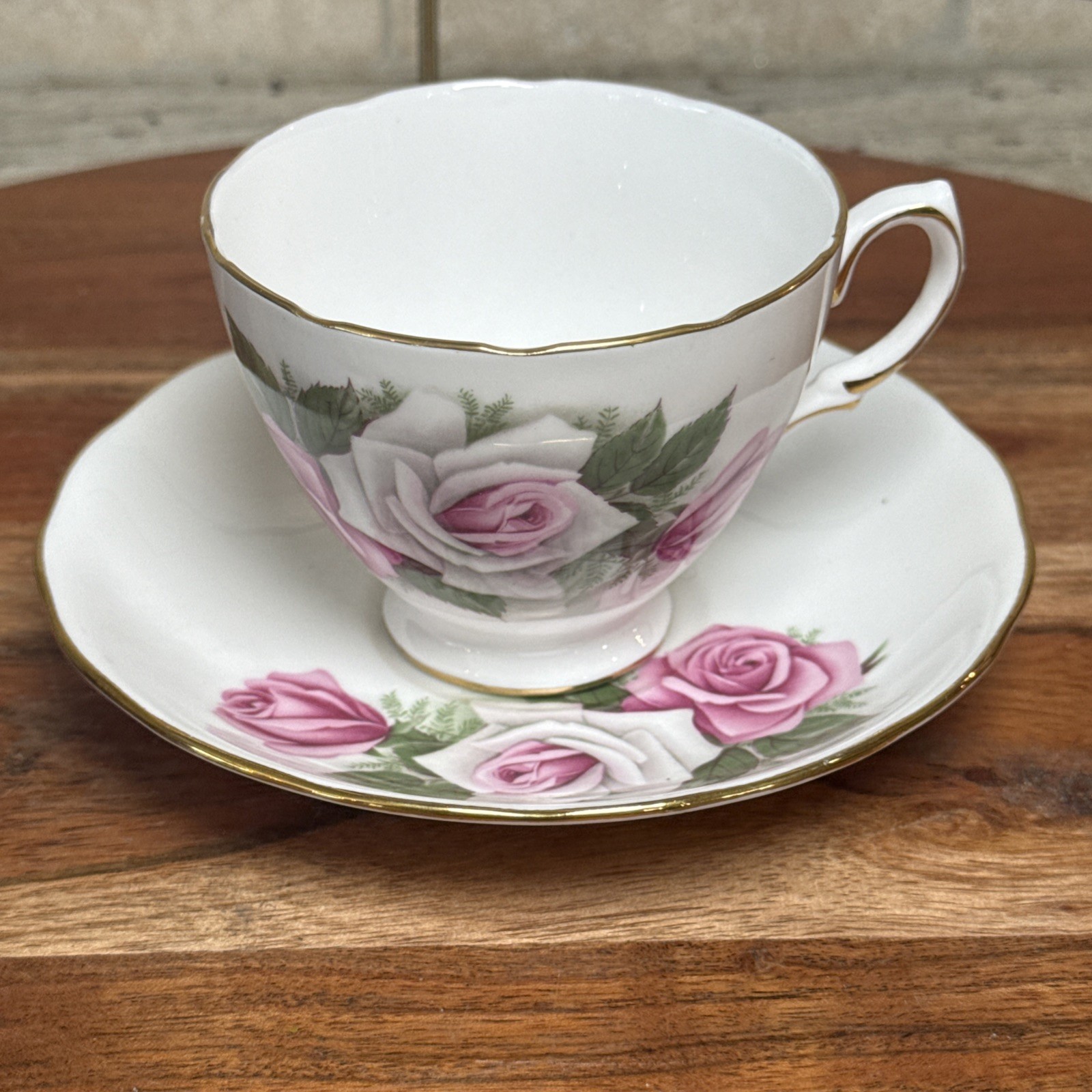 Vintage Royal Vale Bone China Pink & White Rose Teacup & Saucer Set England