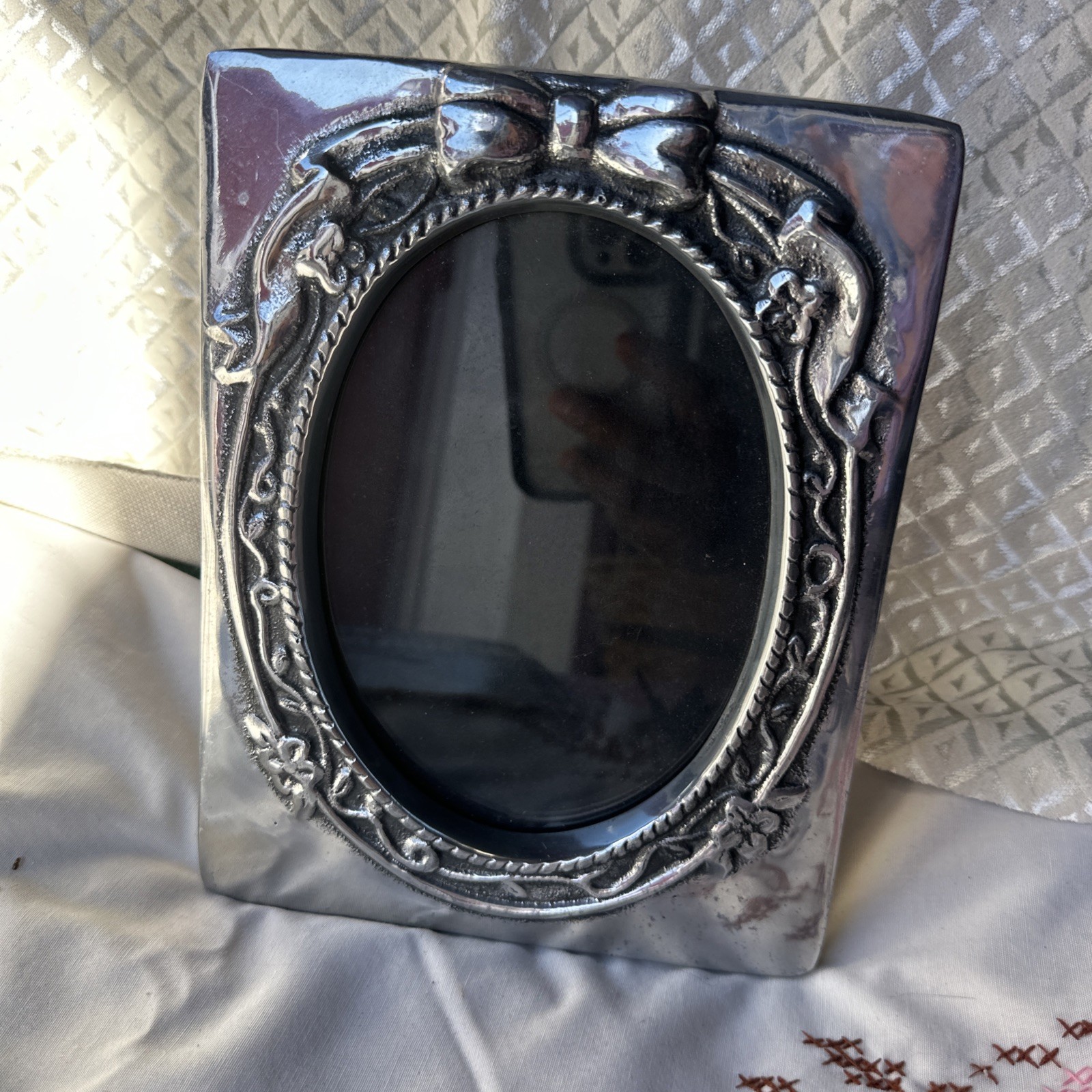 Pewter Picture Frame Ornate Wooden Back Vintage Handmade 6.5”x8.5”Made In Mexico