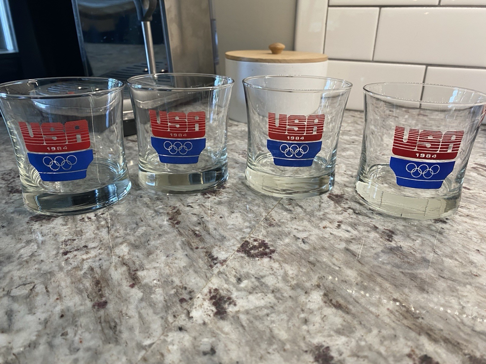 SET OF 4 1984 LOS ANGELES OLYMPICS TEAM USA GLASSES 3.5″ Highball Glasses