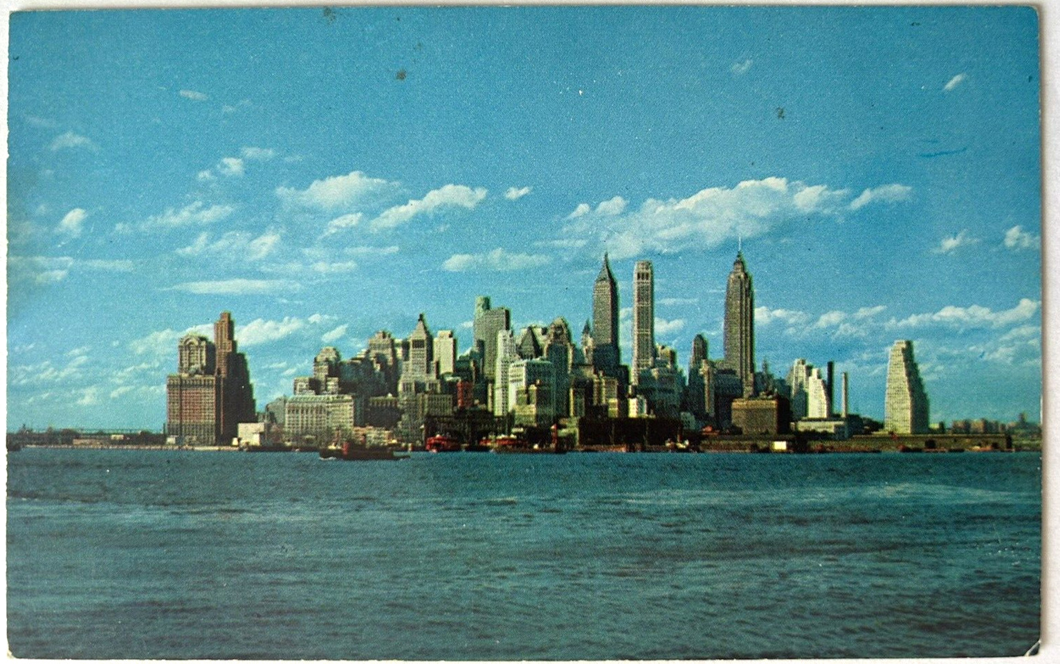 Lower Manhattan Skyline c1950s New York Postcard UNP Hudson River Tugboats