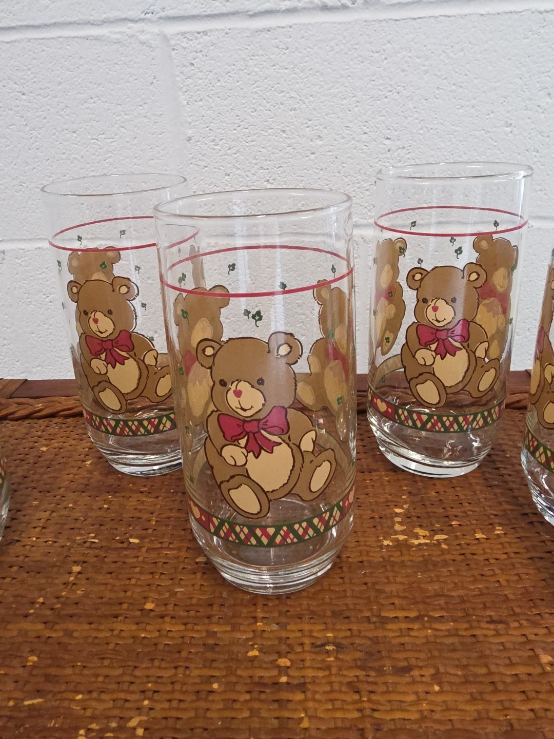 LIBBEY Brown TEDDY BEAR Red RIBBON BOW Heart 16oz Glass TUMBLER Vintage (4 Avail