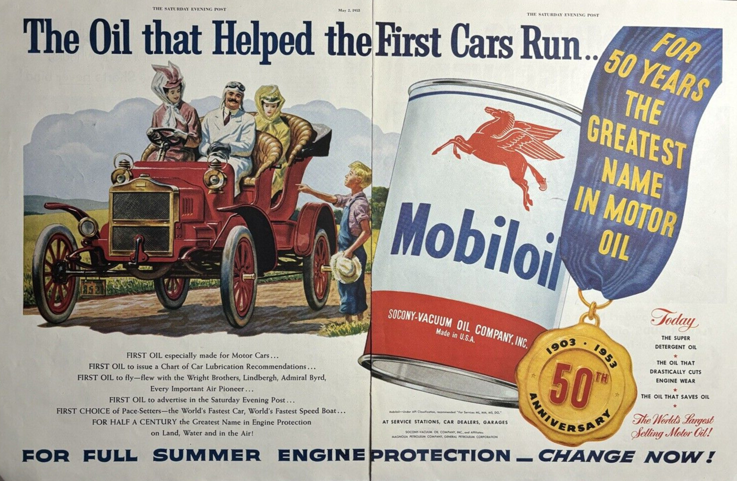 1953 Mobiloil Engine Full Summer Protection Worlds Largest Selling VTG Print Ad