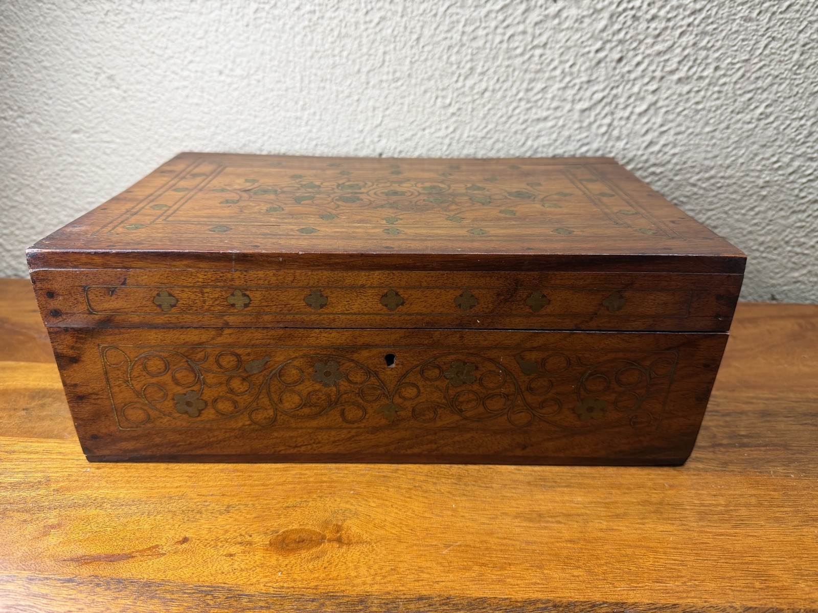 Vintage Wooden Storage Chest Box Original Old Hand Crafted Fine Brass Inlay