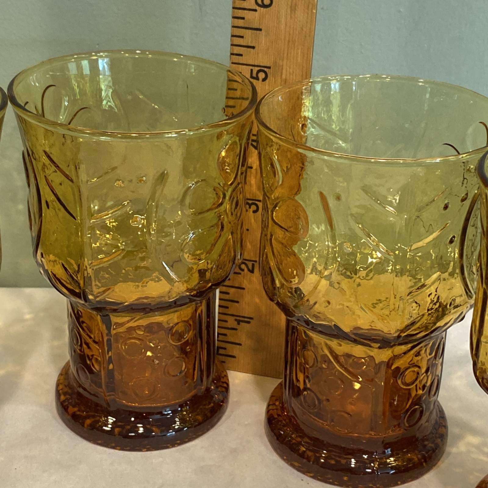 Vintage Libbey Daisy Pattern 5” Amber Drinking Glass ‘Country Garden’ Set of 5