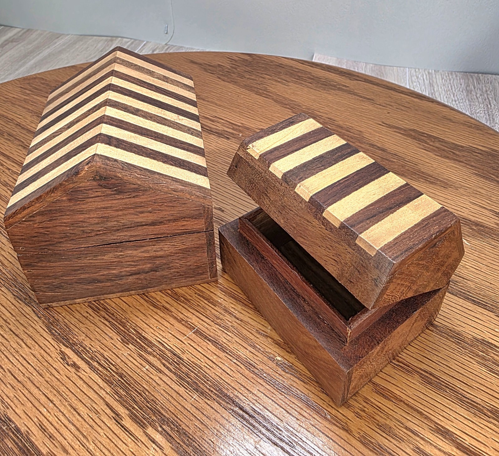Archana handcrafted layered wood nesting boxes, peak top rectangle handcrafted