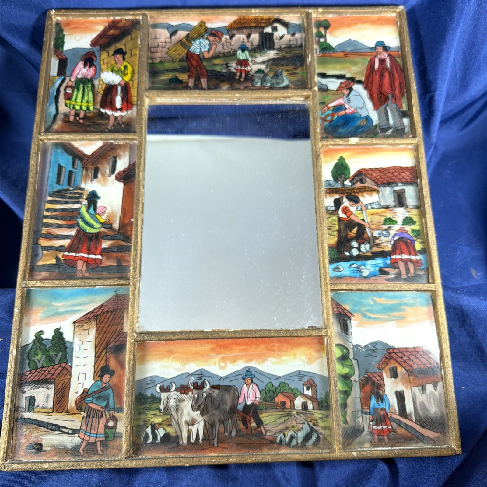 Vintage Peru Reverse Painted Glass Mirror 12×10 Framed Folk Art Wall Hanging