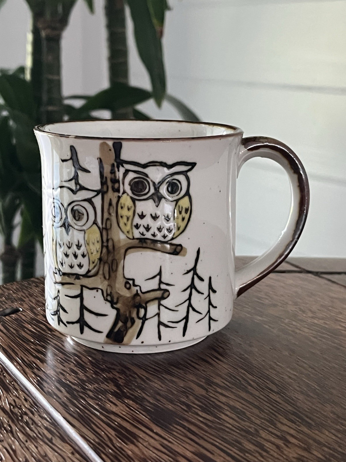 Vintage Owl Mug Cup Otagiri Speckled Stoneware MCM Cream & Brown Owls 8 Oz