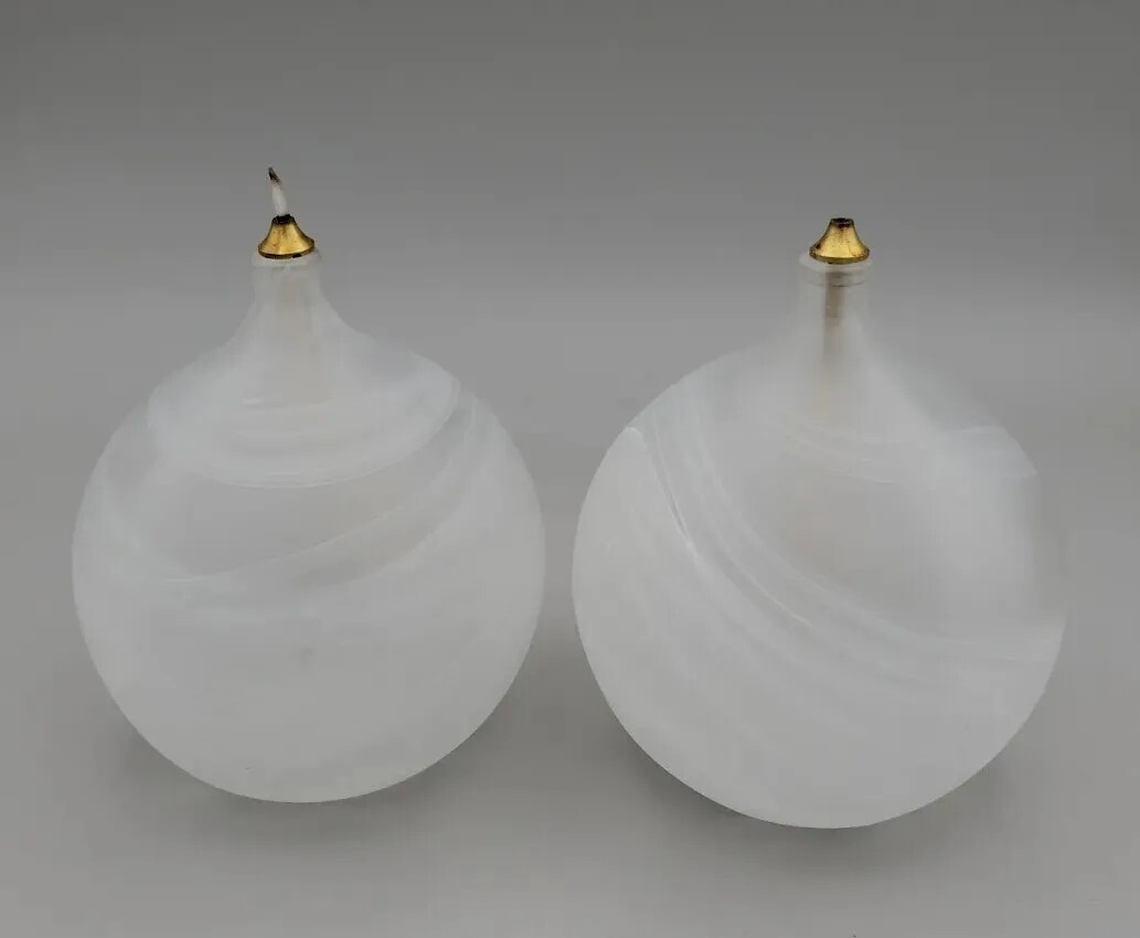 Hand Blown Glass Oil Lamps Balls Orbs White Swirl Set of 2 Made in Turkey