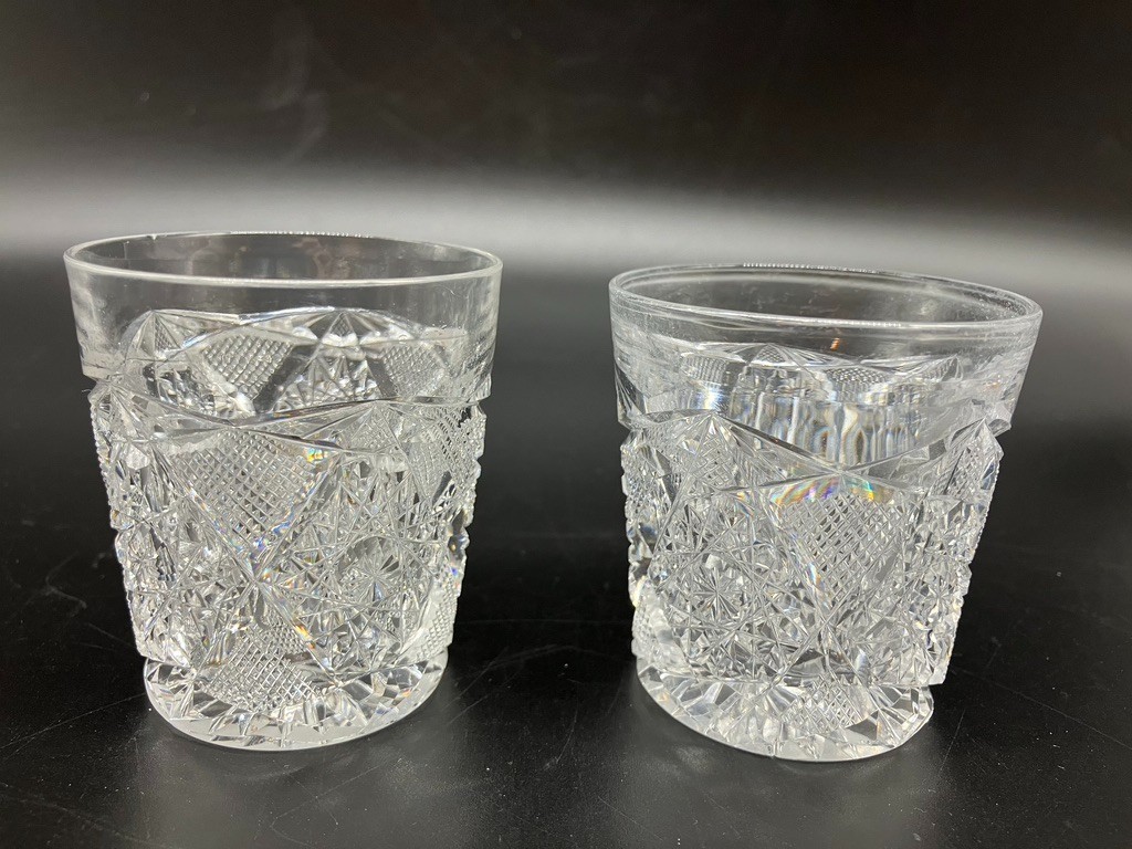 PAIR OF CUT CRYSTAL AMERICAN BRILLIANT PERIOD ABP SHOT GLASSES