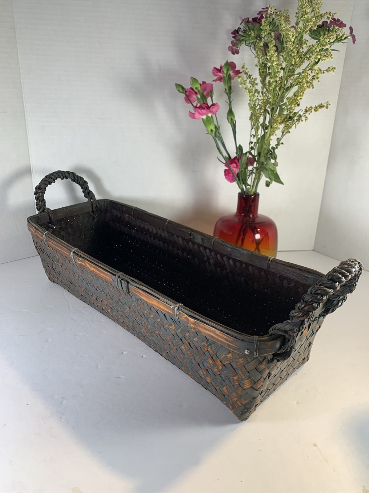 Vintage Japanese Ikebana Basket Bamboo Rectangular Hanakago Wabi Sabi Decor 16”