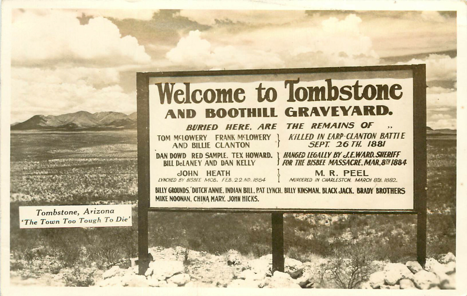 RPPC Postcard Welcome to Tombstone and Boot Hill Graveyard Sign AZ List Of Dead