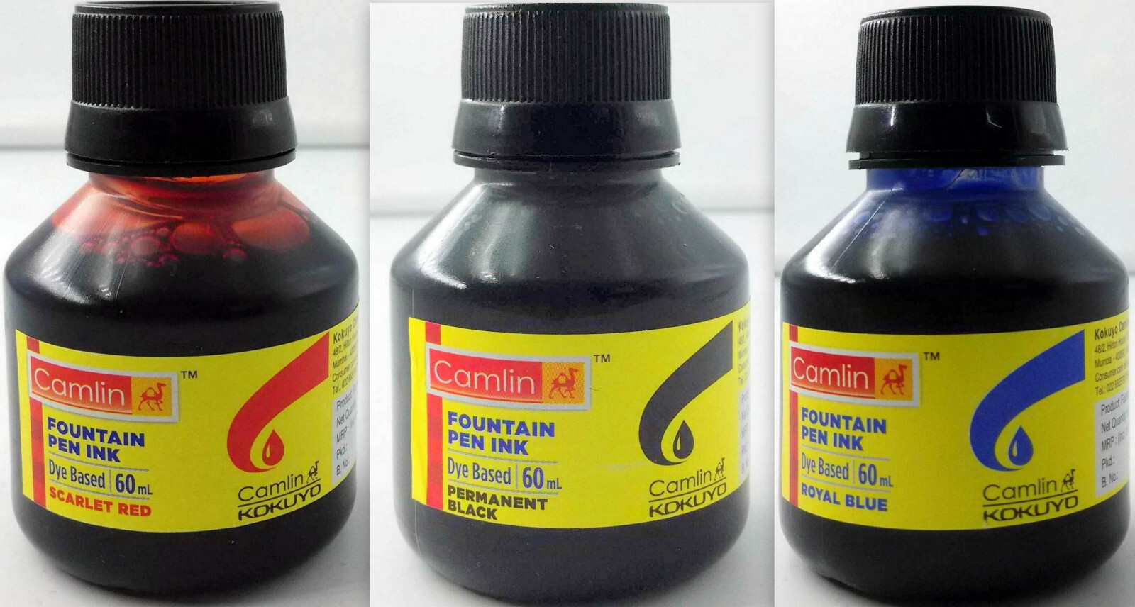 3 Camel Fountain Pen Ink BLACK BLUE RED Bottles 60 ml 2 oz Camlin 3 qty Sealed
