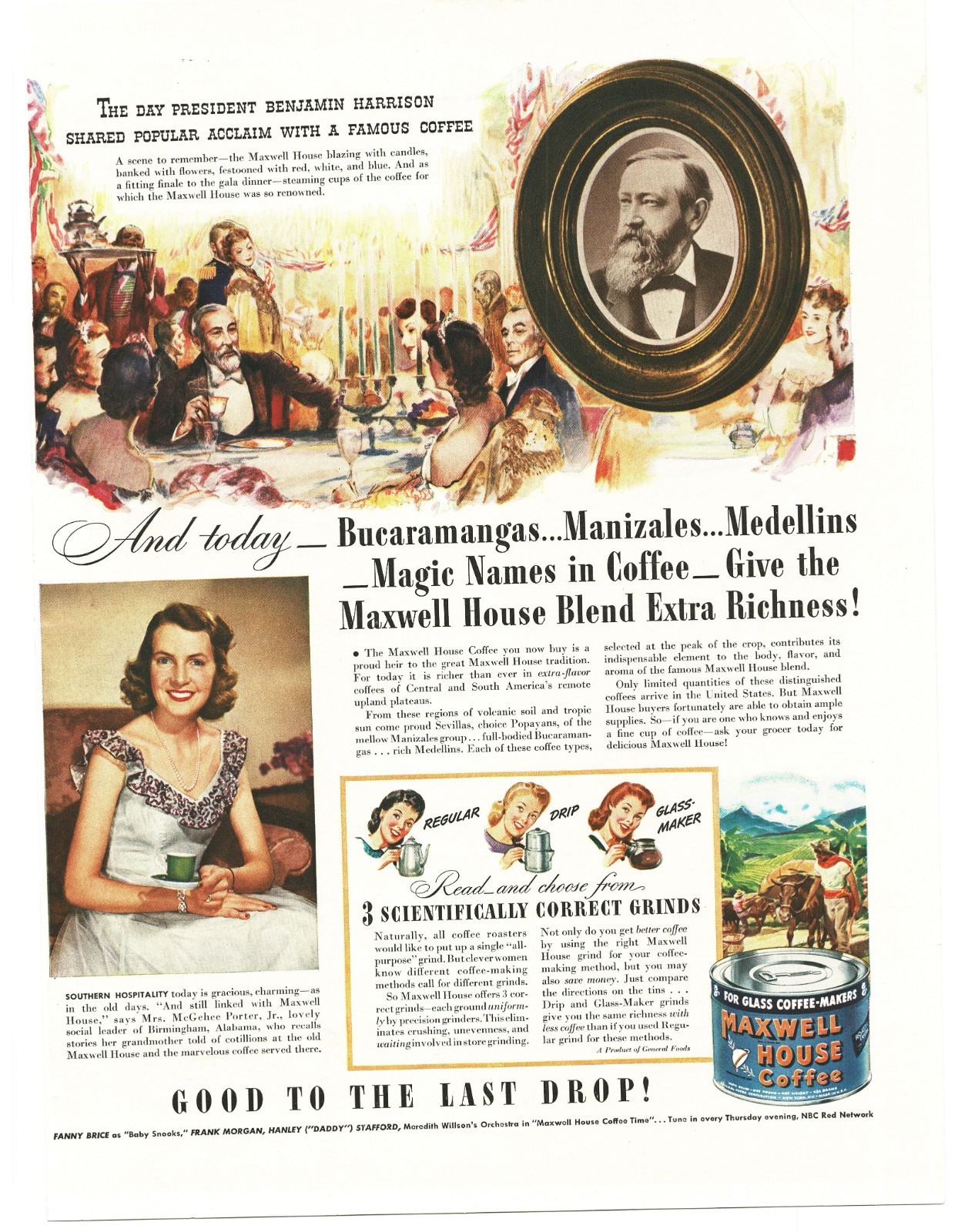 1942 Maxwell House Coffee Vintage Print Ad Classic President Benjamin Harrison