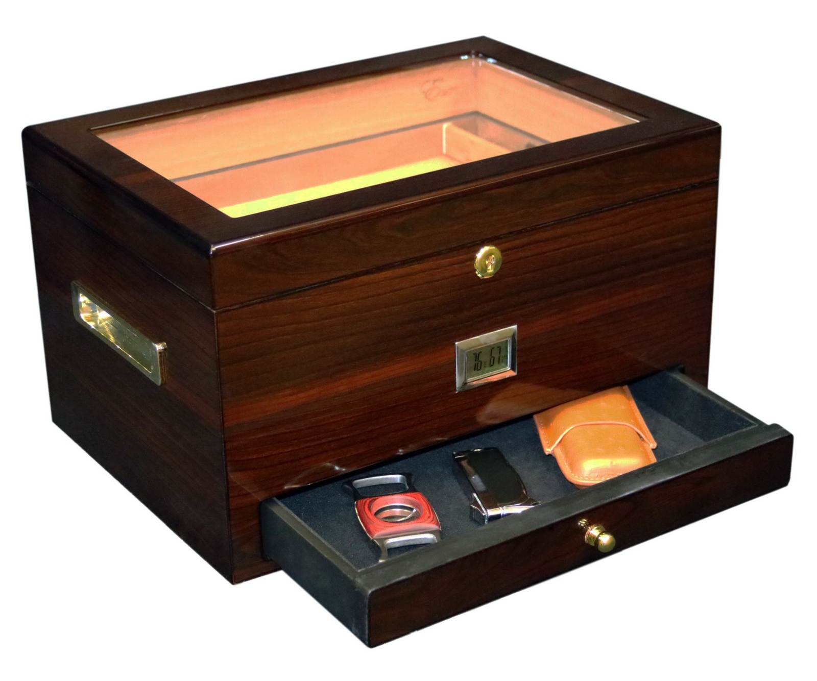 100ct EWT High Gloss Glass Top Humidor w/ Drawer