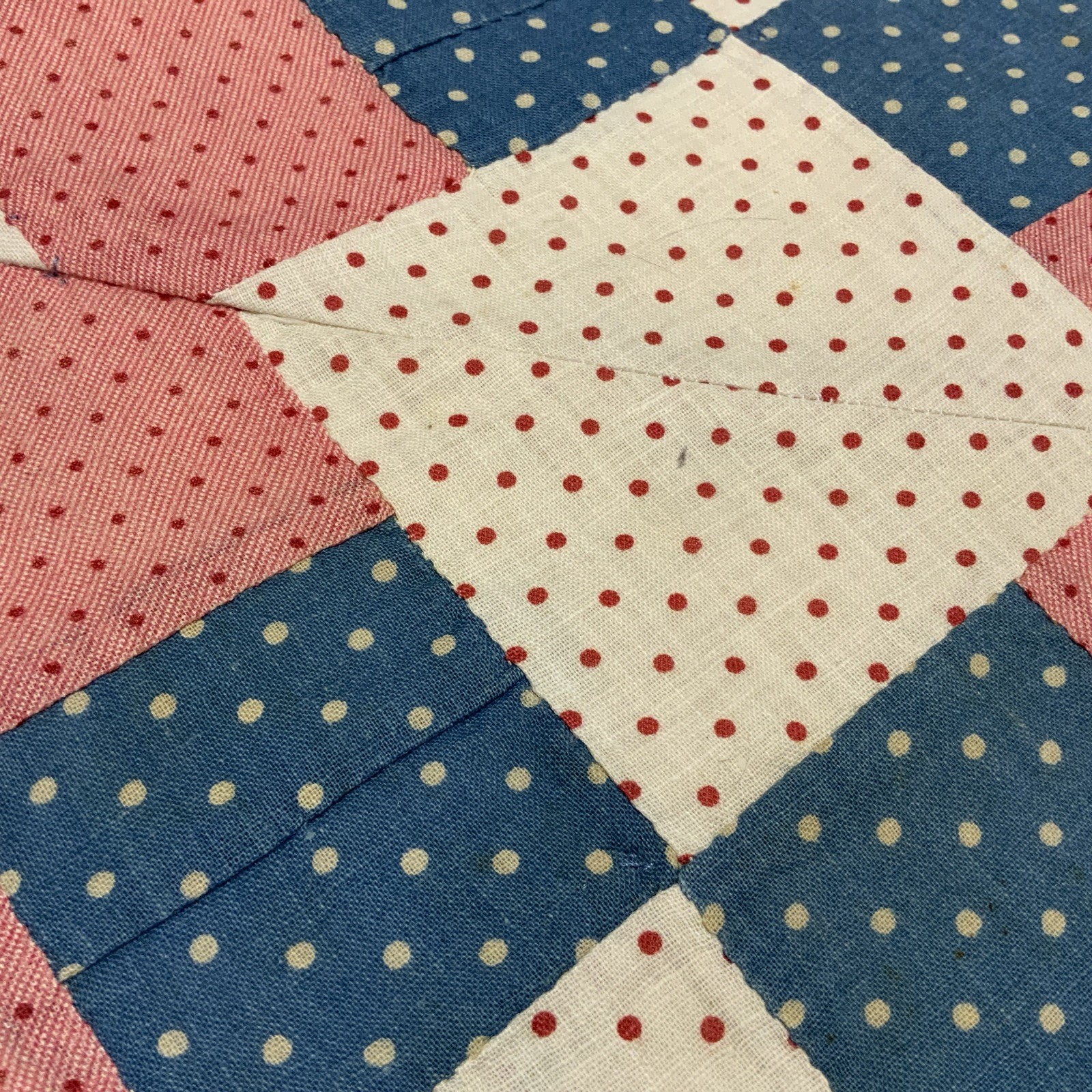 Vintage/Antique Patchwork Quilt Table Topper, Four Patch, Pink, Blue, Dots