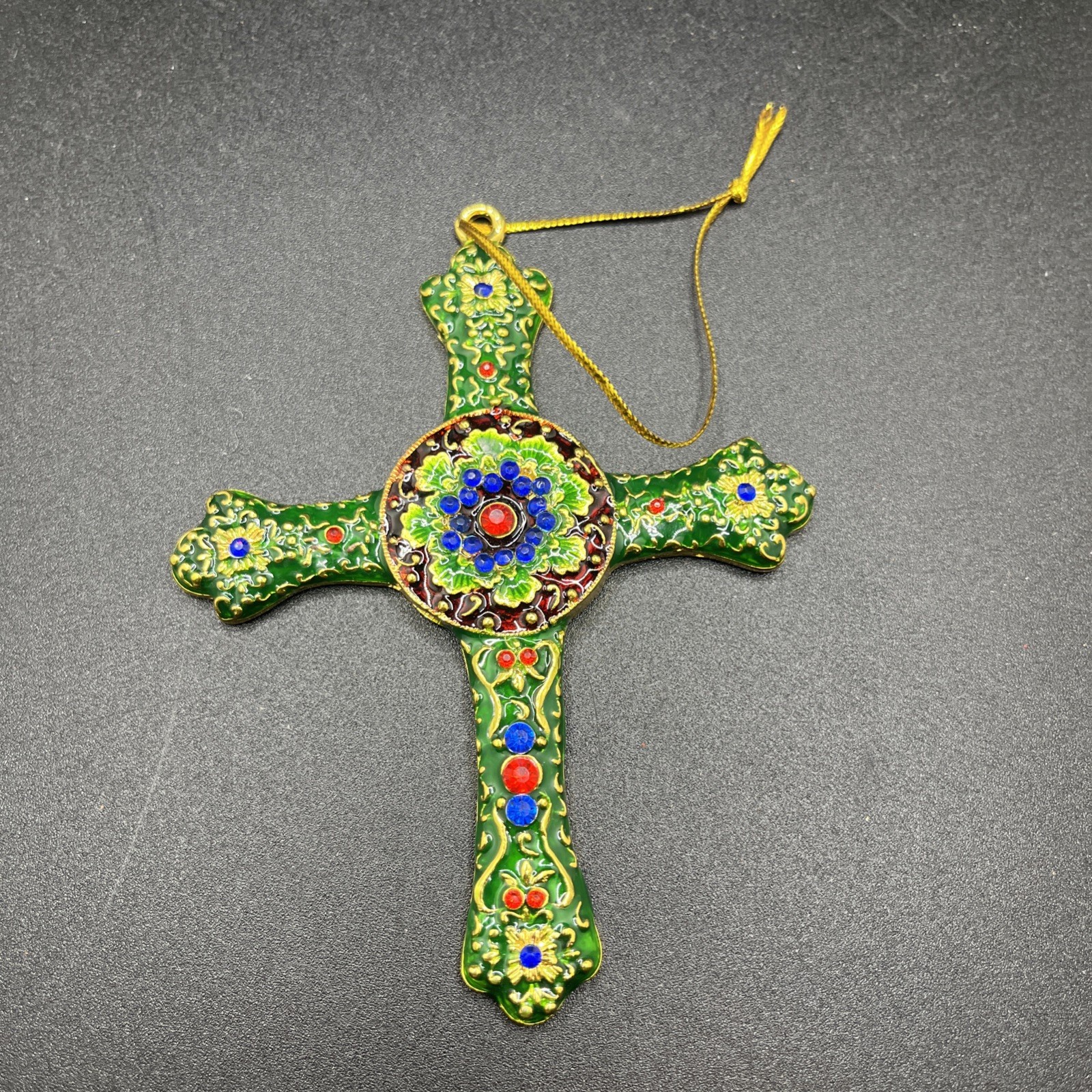 Jeweled Cross Ornament Gold Tone Blue Green Enamel Rhinestones 4×3″ Hanging