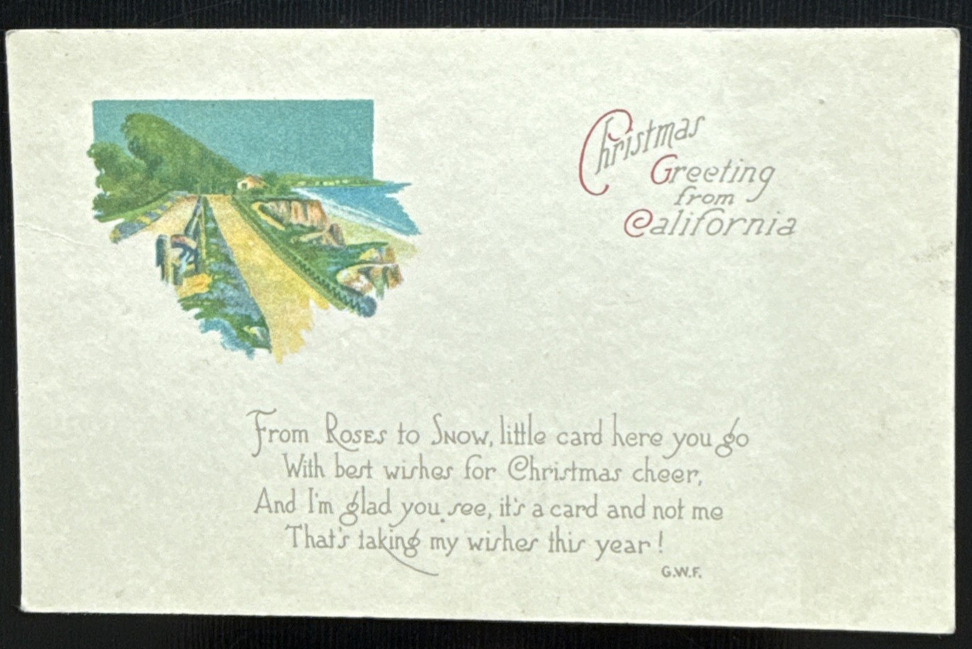 Postcard-Christmas Greeting from California, Ocean view, beach, 1909, unposted