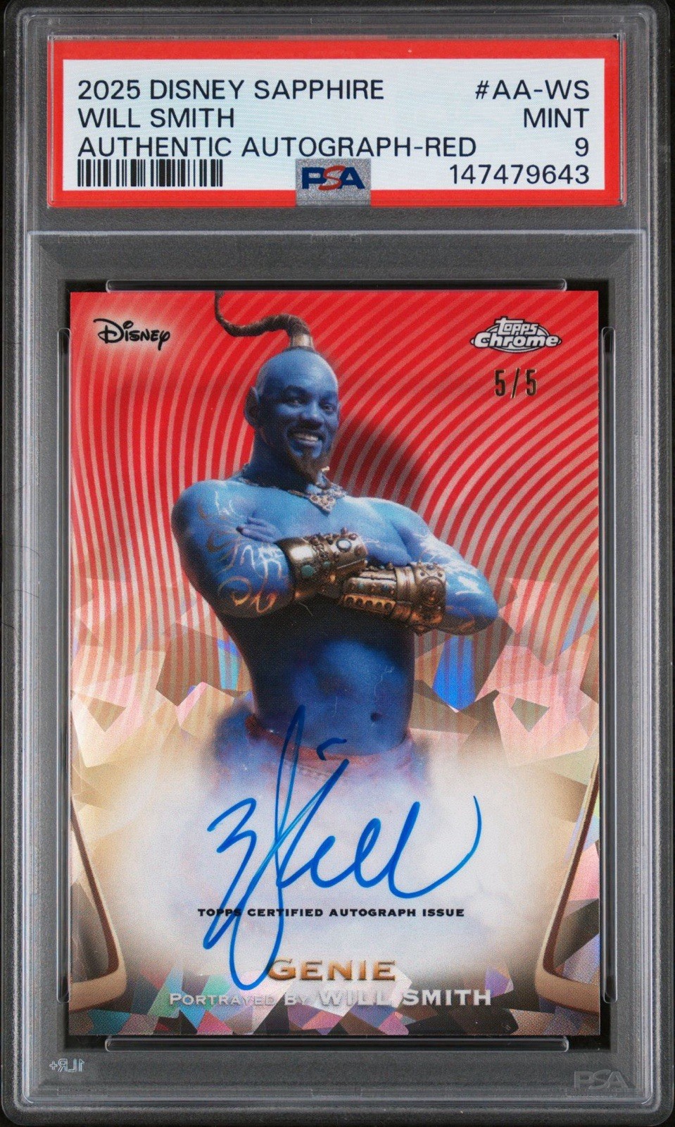2025 Topps Chrome Sapphire Disney Will Smith The Genie Auto Red #5/5 PSA MINT 9