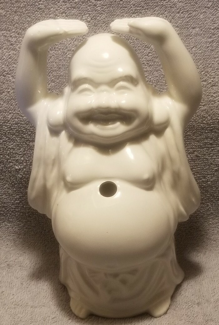Vintage Ceramic Benihana Happy Buddha Mug/Glass w/ belly straw hole ~ Rare