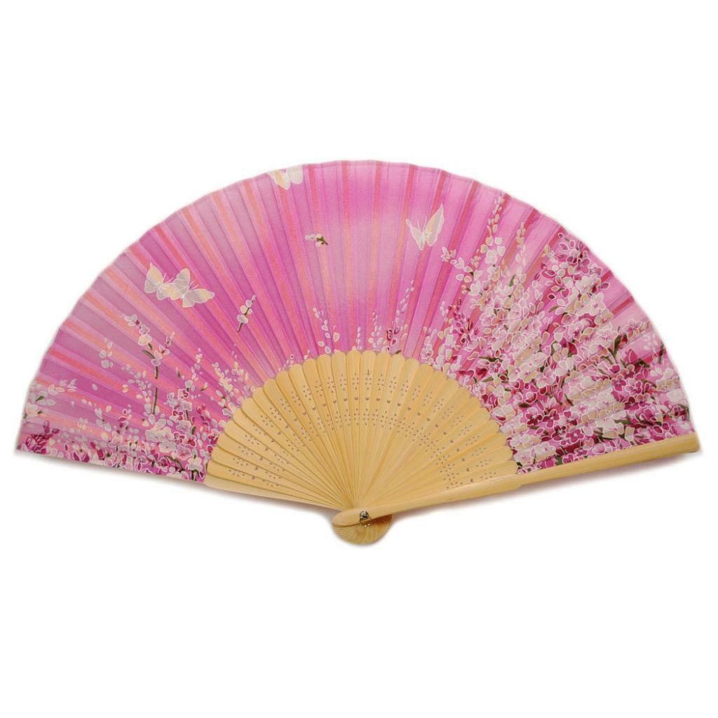 SILK HAND FAN 8″ Pink Butterfly Garden High Quality Folding Pocket Purse NEW