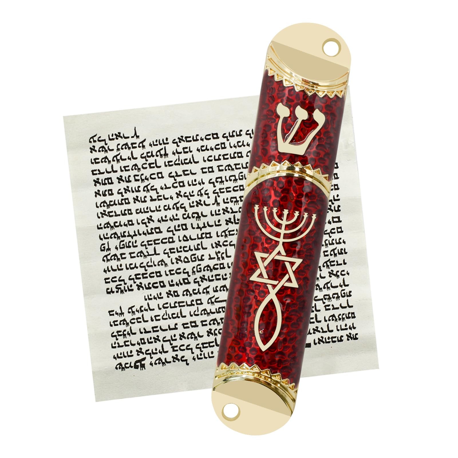 Messianic Seal Red Metal Mezuzah with Scroll Jewish Judaica Door Blessing Gift
