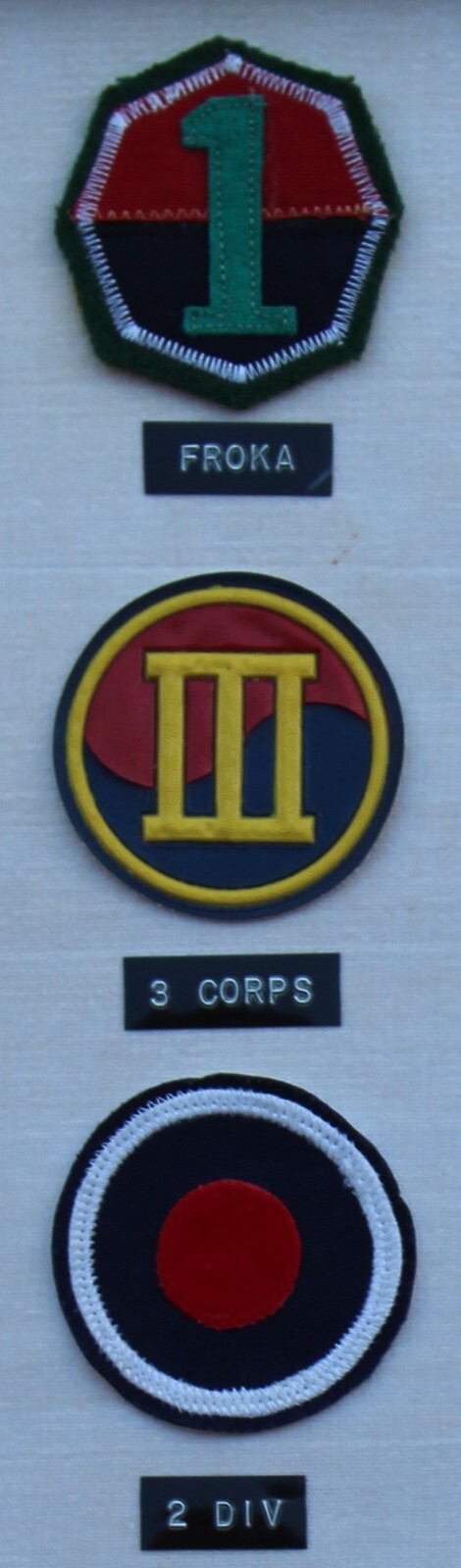 23 REPUBLIC OF KOREA (ROK) DIVISION PATCHES MOUNTED IN A FRAME