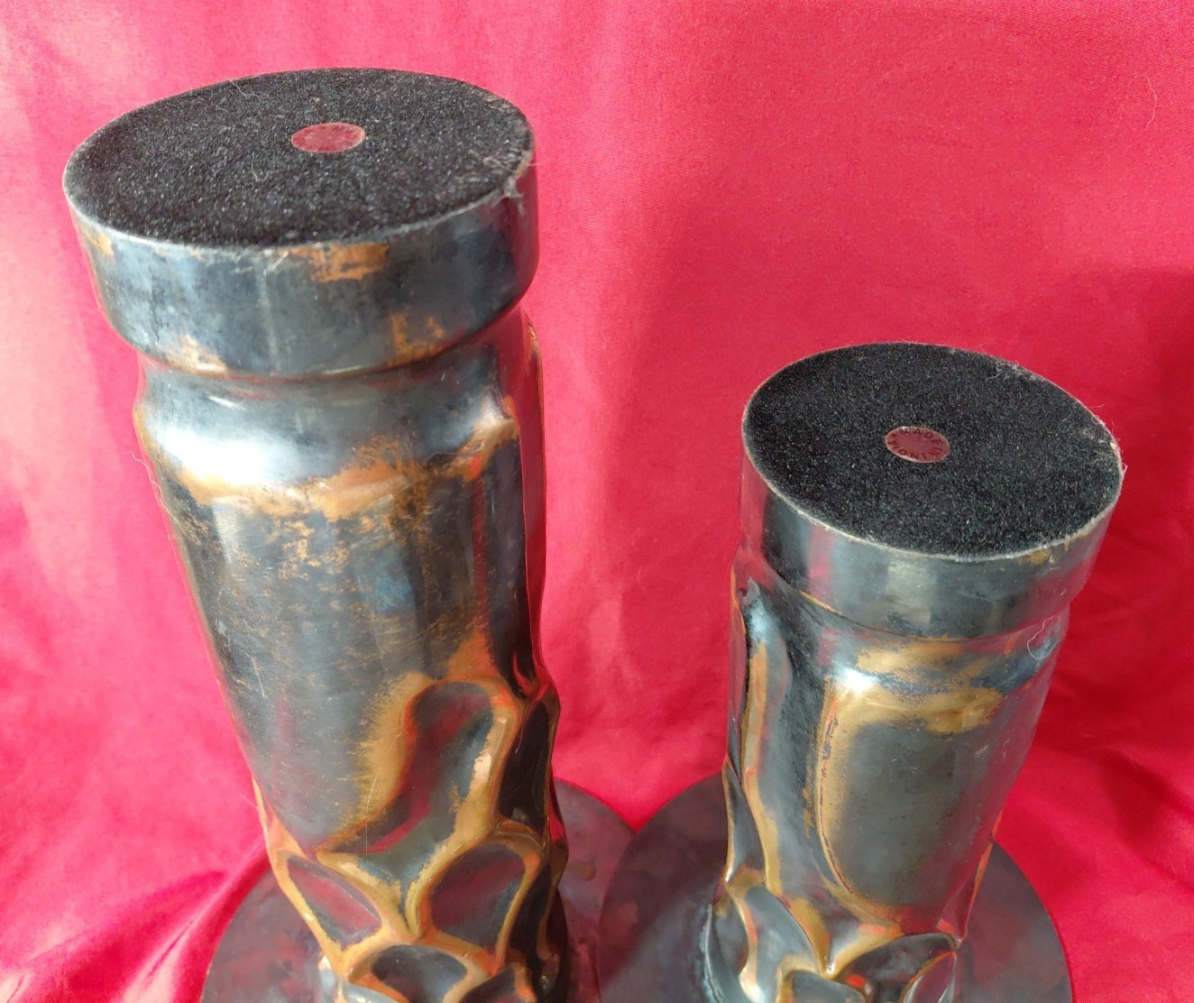 Pair Pillar Candle Holder Mixed Materials Copper Metal & More 9″ & 12″