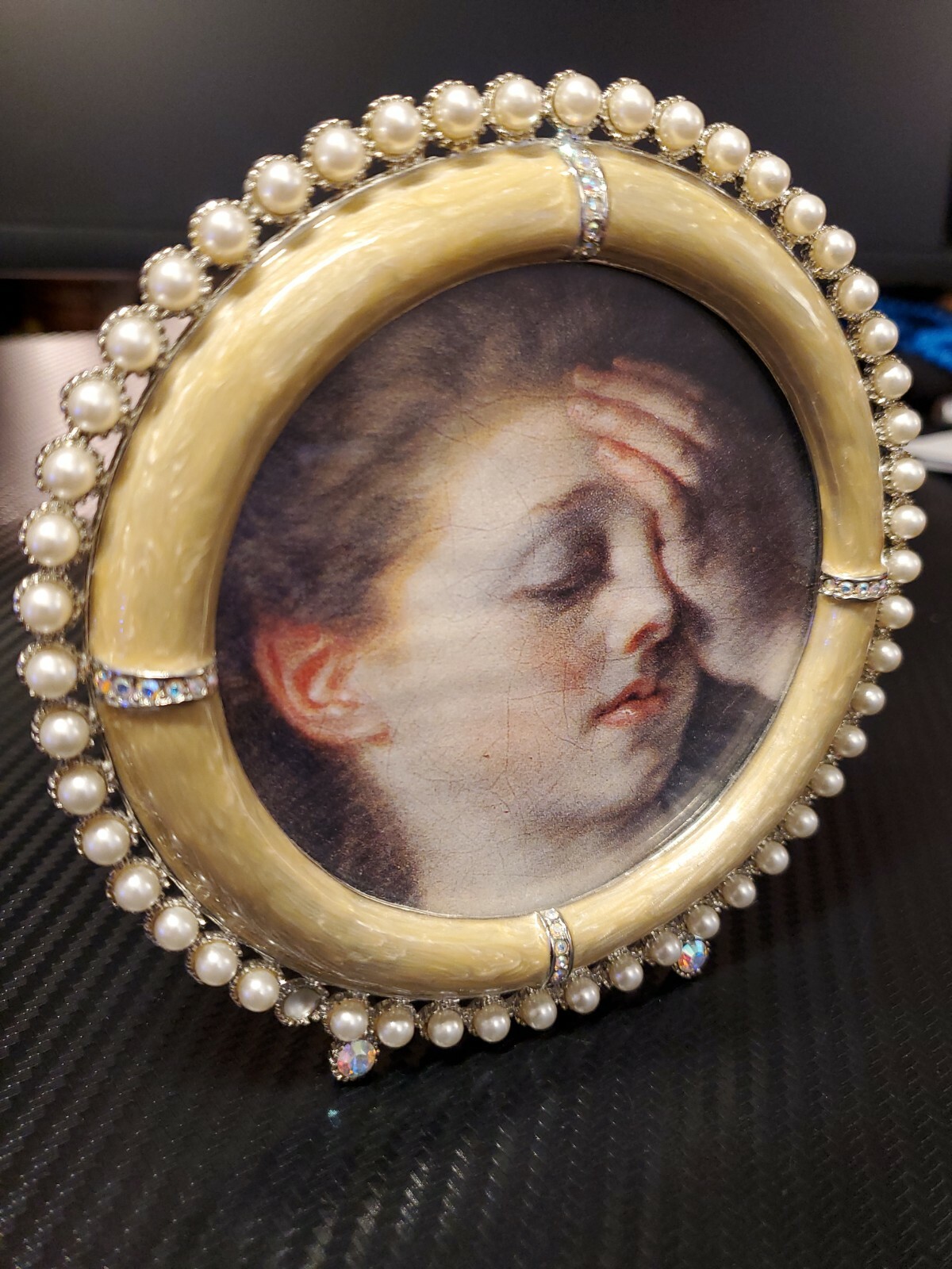 Jay Strongwater Duchess Emilia Round Frame Enamel Pearl Swarovski Crystal