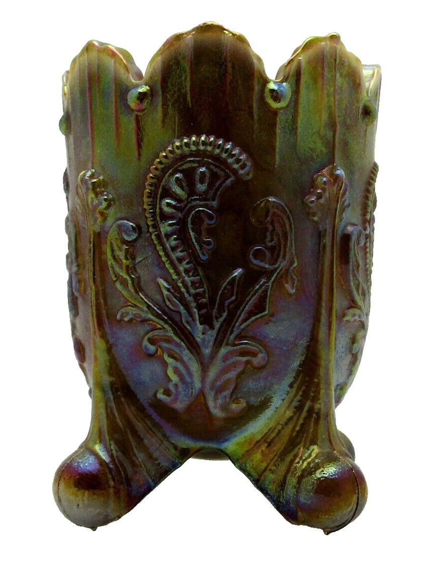 Summit Art Glass Inverted Fan & Feather Brown Carnival Toothpick Holder #552