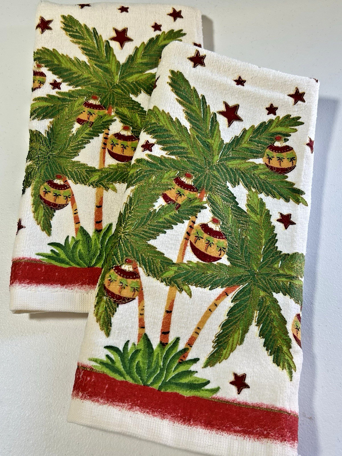 Pair Vintage B&D Holiday Kitchen Towel Set Decorated Palm Trees New Old Stock