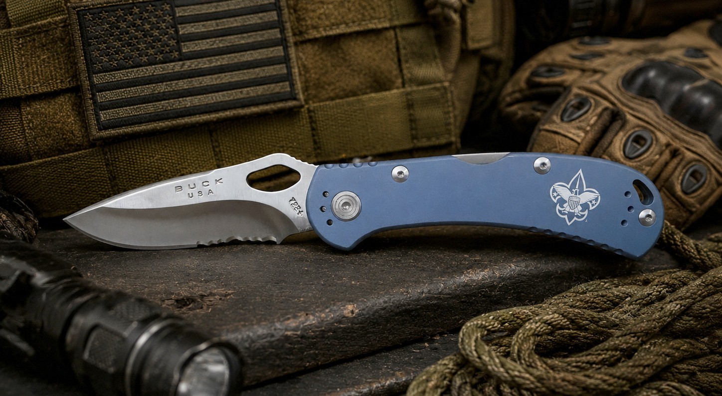 BUCK Spitfire Lockback Folding knife Made in USA 420HC serrated drop point blade