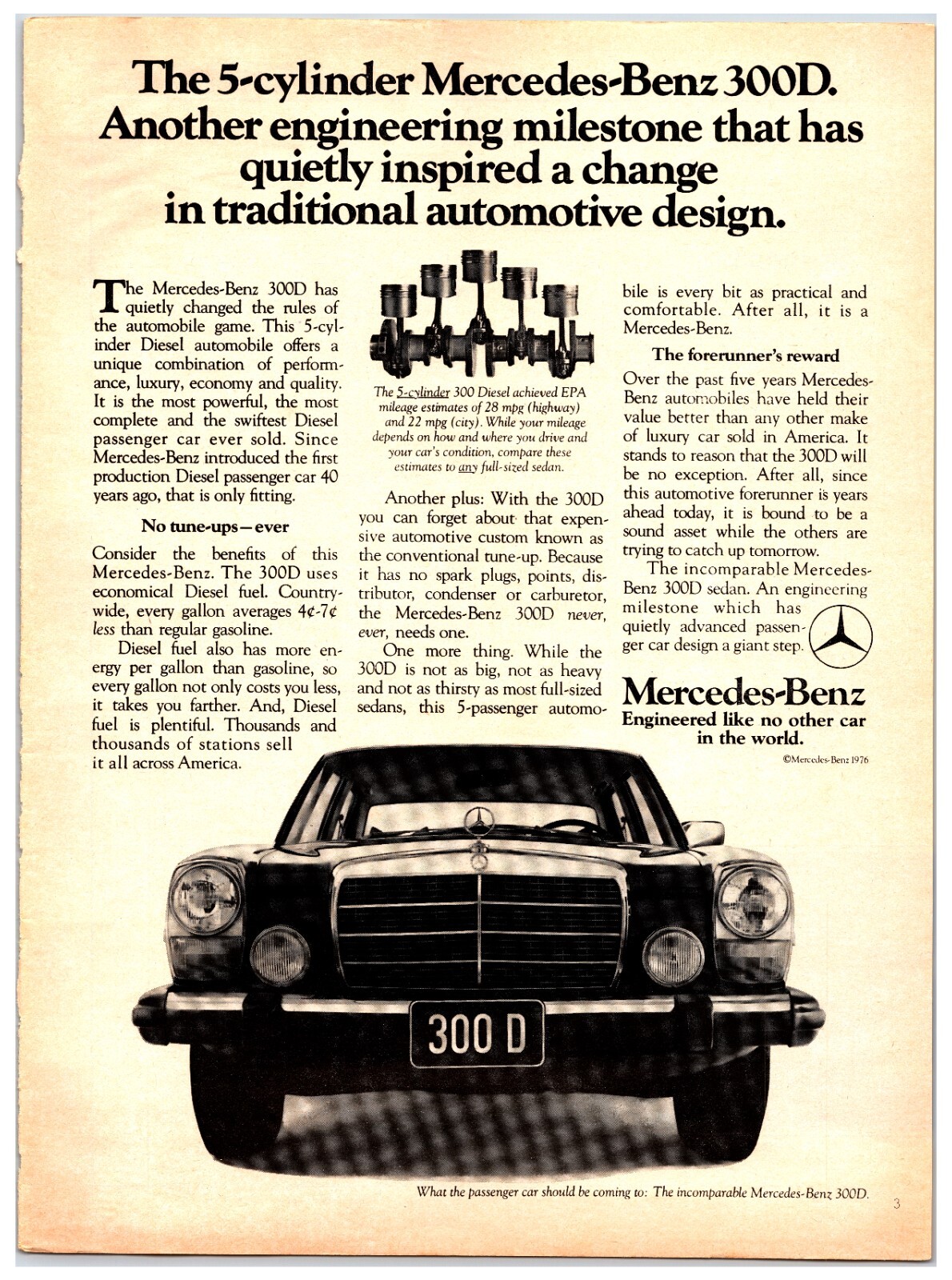 1976 Merceds-Benz 300D Car -Original Print Ad (8in x 11in) – Print Advertisement
