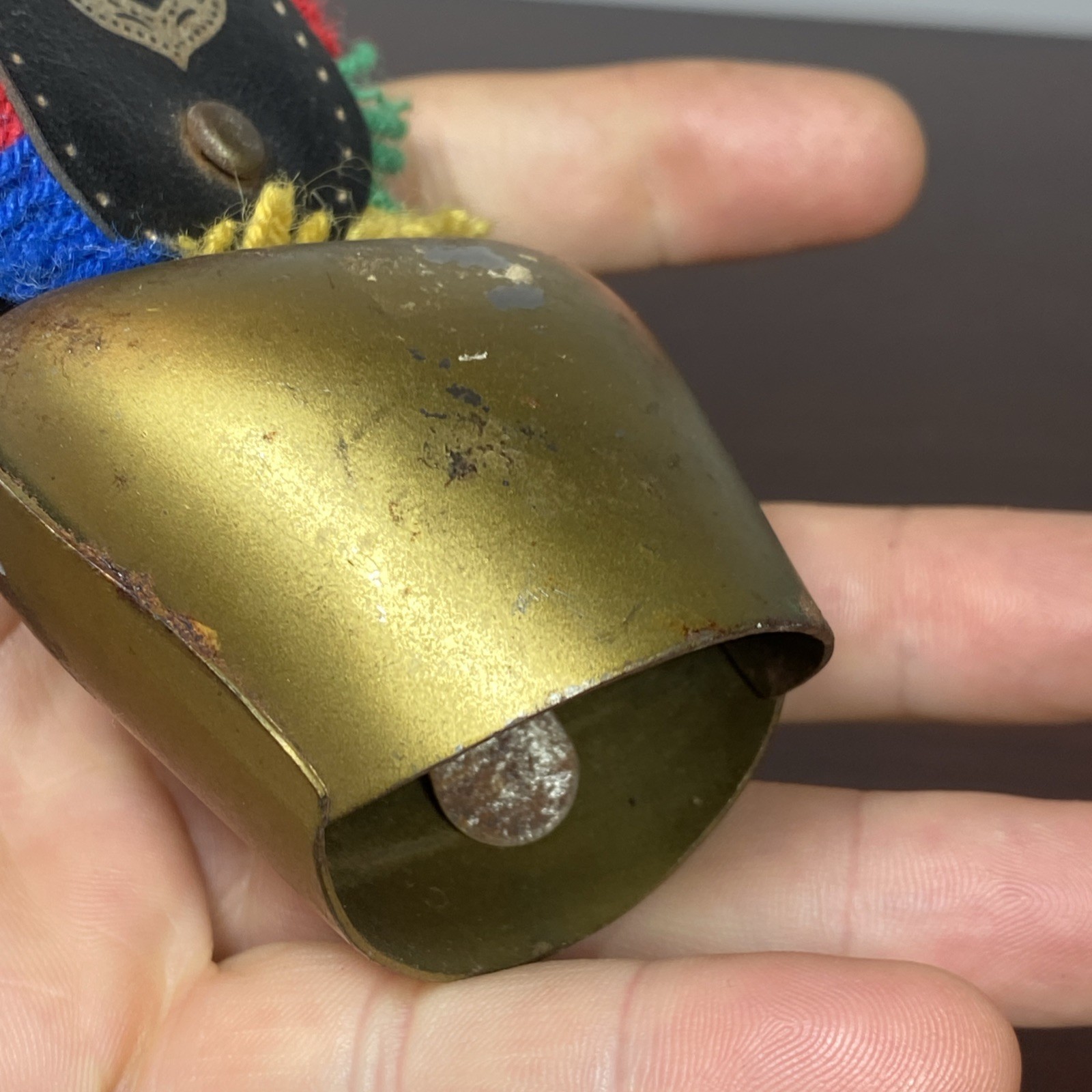 Brass Swiss Cow Bell Multi Color Fringed Leather Strap Vtg 6” Cottage Landscape
