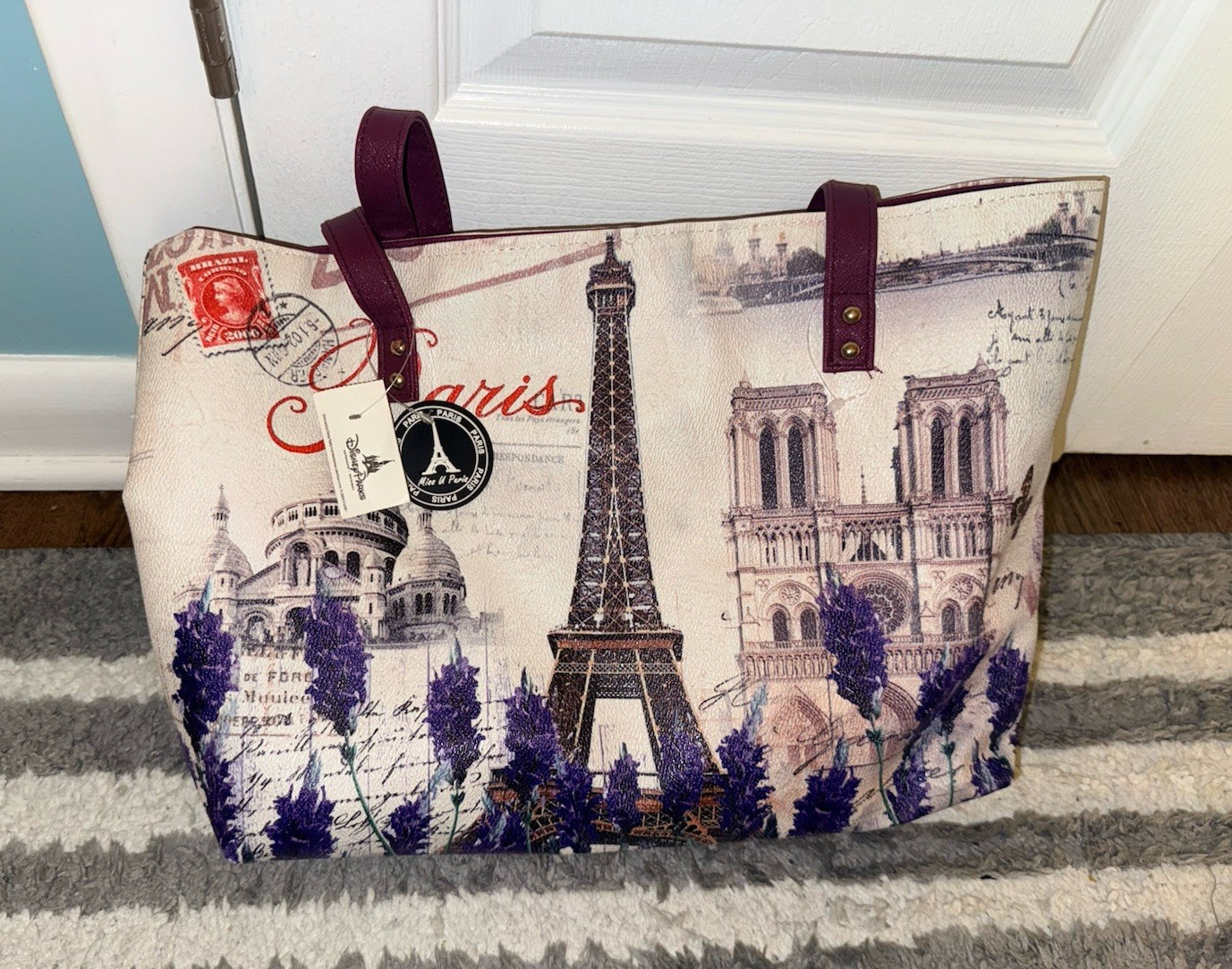 Disney Parks Paris Eiffel Tower Handbag Tote Cream Purple Notre Dame Sacré-Cœur