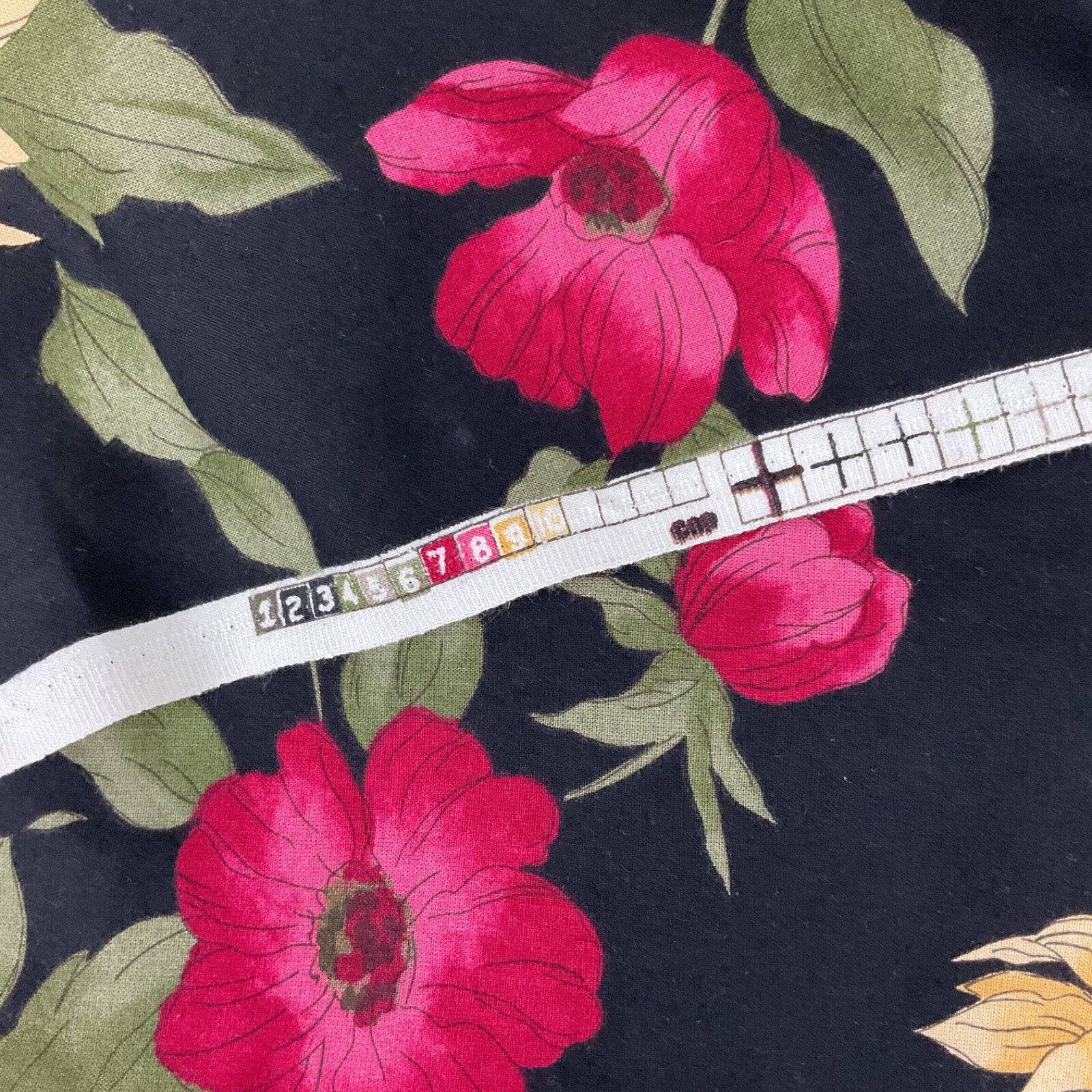 Vintage Mega Textile Corp floral rayon? fabric 34.5” x 60” on black background