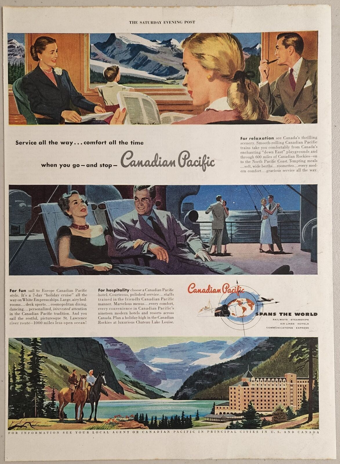 1950 Print Ad Canadian Pacific Railways,SteamshipsHotels Canada Rockies